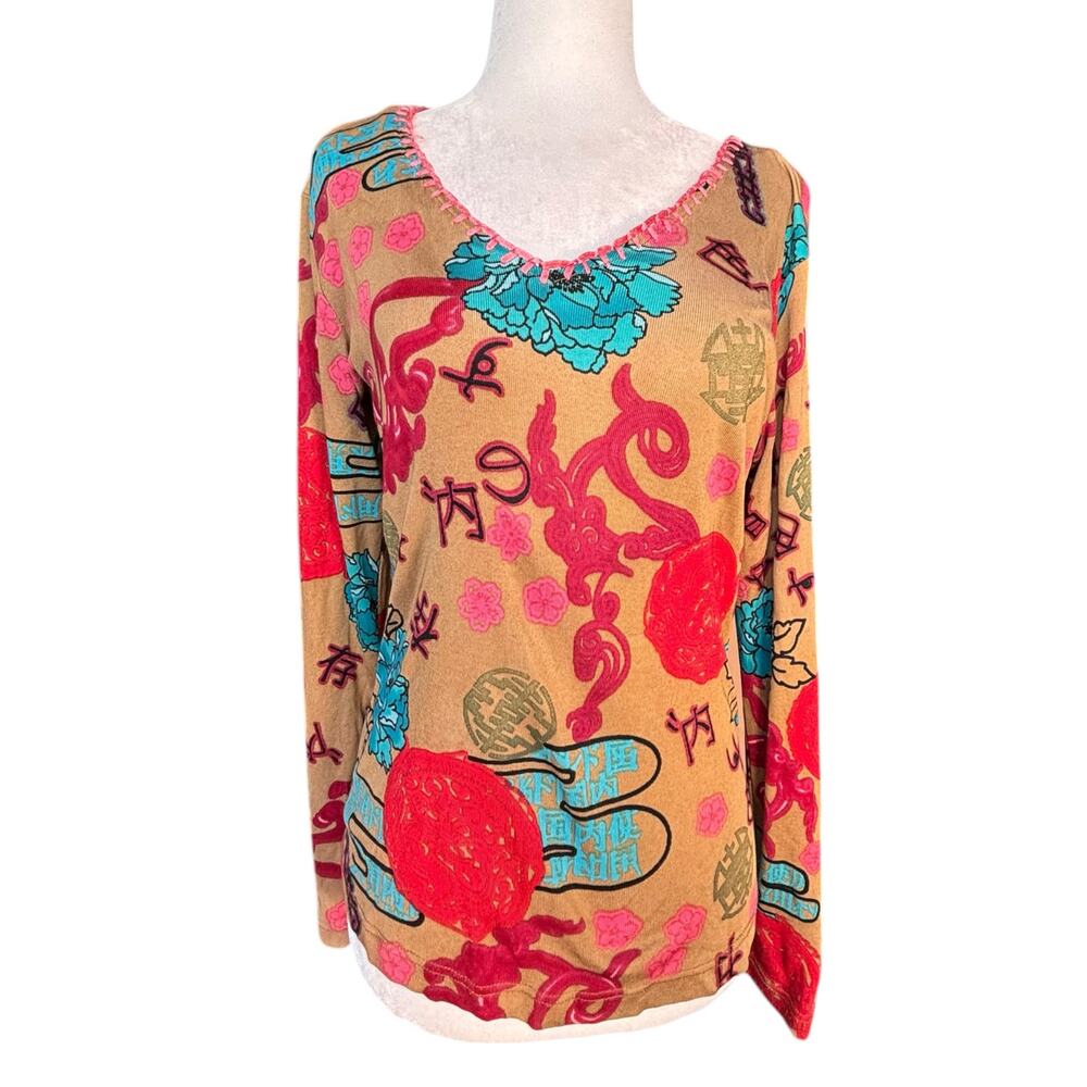 Vintage Lynn Ritchie Silk Cotton Top Tan Asian Floral Print Long Sleeve Medium